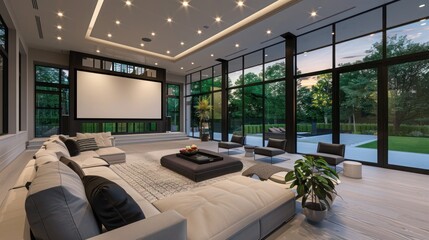 Contemporary suburban home with a large, multi-functional room that can be converted from a home theater to a party room with modular designs