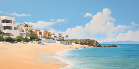 White houses, blue water, and golden sand, a serene beach escape for summer vacation. 