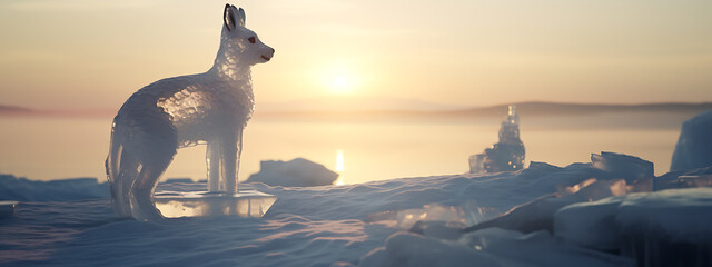 Ice sculpture, wolf, sunset, blue, white, orange, winter wonderland, magical, frozen, fairytale. 