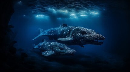 Two whale sharks swim in a dark blue ocean with white spots and a light blue glow from above, evoking a sense of wonder and serenity. 