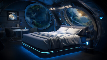 Futuristic bedroom with white bed, blue lighting, and a view of a forest through a round window, evoking a sense of tranquility and escapism. 