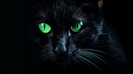 Black cat with green eyes, mysterious and captivating, Halloween spooky animal portrait. 
