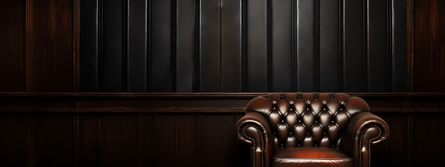 A brown leather armchair against a dark wood panel wall, conveying luxury, comfort, and classic elegance. 