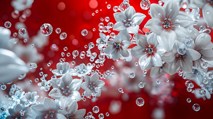 White flowers, red background, and water drops,  a delicate and romantic spring concept. 