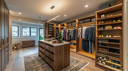 Contemporary suburban home with a custom-designed, walk-in closet featuring smart storage solutions and a center island for accessories