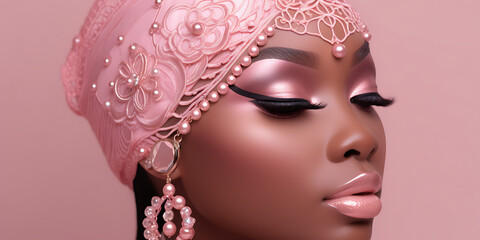 Pink, black, and white  makeup,  eyes closed,  feminine beauty,  glamour,  and  luxury. 