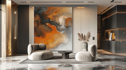 Modern living room interior design with grey, orange, and gold accents, featuring a large abstract painting, two plush armchairs, and a sleek coffee table. 