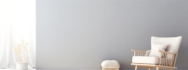 Minimalist white and beige interior design with a rocking chair, conveying a sense of calm and relaxation. 