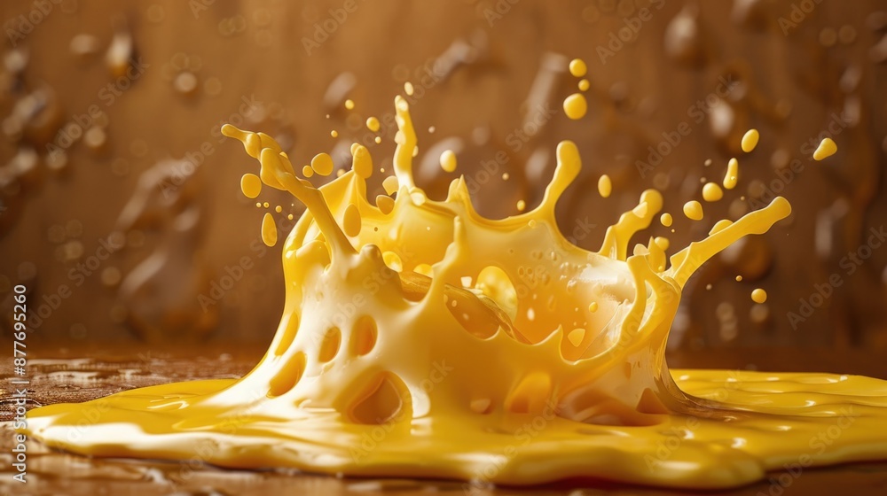 Poster a close-up view of a yellow substance splashed onto a wooden surface, with the texture and grain of 