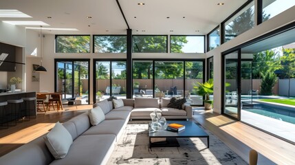 Contemporary suburban home with floor-to-ceiling, polarized windows that automatically tint based on sunlight intensity