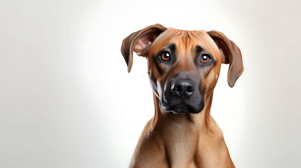 Obraz premium A brown dog with big eyes looking at the camera, brown, white, black colors, cute and innocent, perfect for pet adoption websites and social media posts. 