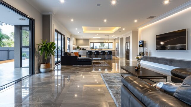 Contemporary suburban home with an underfloor heating system that includes temperature control zones for personalized comfort