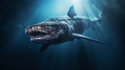 A menacing grey shark with sharp teeth swims through the dark blue ocean, bathed in a beam of sunlight, evoking fear and mystery. 
