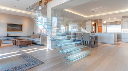 Contemporary suburban home with a transparent staircase and floating steps that create a sense of openness and space
