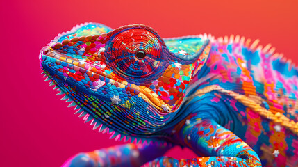 Fototapeta premium Vibrant blue, red, and yellow chameleon with a colorful, textured skin, perfect for a nature, animal, or design project. 