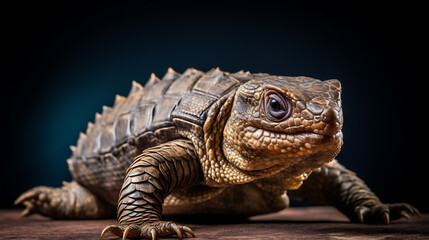 Fototapeta premium A brown and tan lizard with a dark blue background, a close-up shot of a reptile, showing its texture and detail, perfect for nature and wildlife documentaries. 