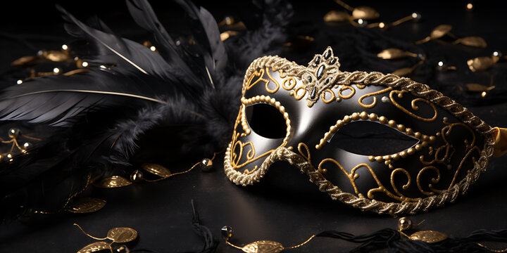 Black, gold, and silver masquerade mask with feathers and beads for a mysterious and elegant celebration. 