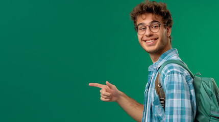 Smiling student in blue and green plaid shirt pointing to the left, green background, back to school, positive energy. 
