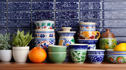 Blue, white, and orange hand-painted ceramic kitchenware on a wood counter, evoking a rustic, Mediterranean charm. 
