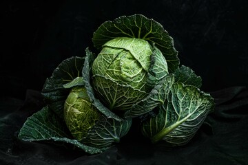 Fototapeta premium Three fresh green cabbages with water droplets are laying on a dark textured cloth