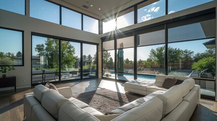 Contemporary suburban home with floor-to-ceiling, polarized windows that automatically tint based on sunlight intensity