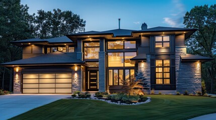 Contemporary suburban home with dynamic exterior lighting that can be customized for events or seasons