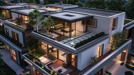 Fototapeta premium Contemporary suburban home with a landscaped rooftop that includes a jogging track and small trees for an urban oasis