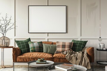 Stylish living room with mockup frame, sofa, books, green throw, coffee table, vase, decor