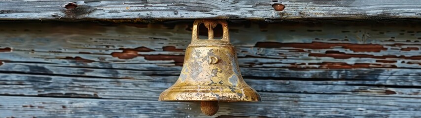 Fototapeta premium bell hanging from a wooden wall with peeling paint