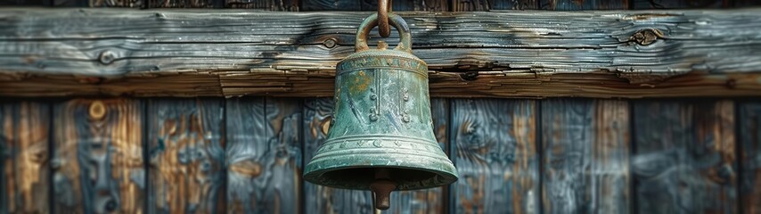 Obraz premium bell hanging from a wooden wall in front of a wooden wall