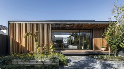 Contemporary suburban home with a fa? section ade that features dynamic wooden slats which adjust to control sunlight and privacy