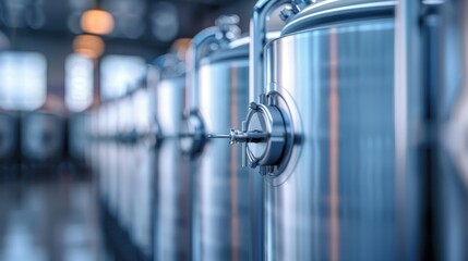 A row of large stainless steel fermentation tanks in a modern brewery showcasing a clean, professional, and efficient brewing setup under soft industrial lighting. - Powered by Adobe