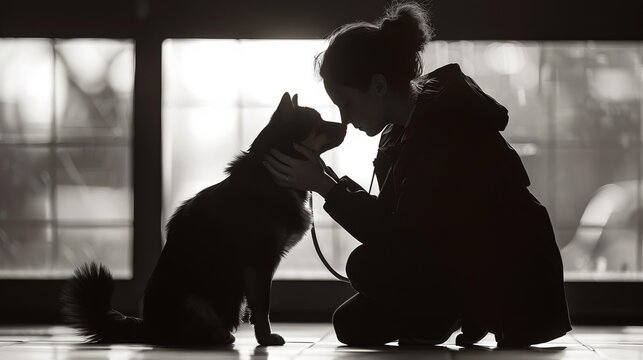 Silhouette of a person and dog touching foreheads in a tender moment of connection, indoors by a window.