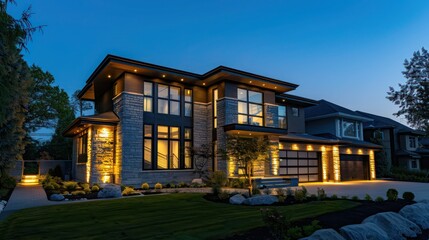 Contemporary suburban home with dynamic exterior lighting that can be customized for events or seasons