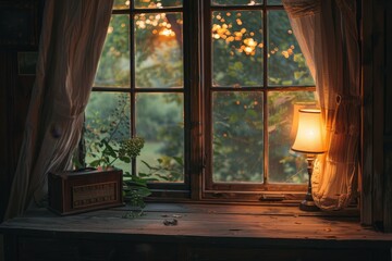 Warm glow from cottage window at dusk in high quality photograph, serene and inviting scene