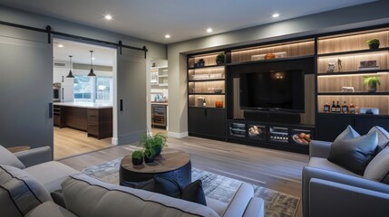Contemporary suburban living room with an integrated wet bar and sliding panels that reveal a hidden entertainment system