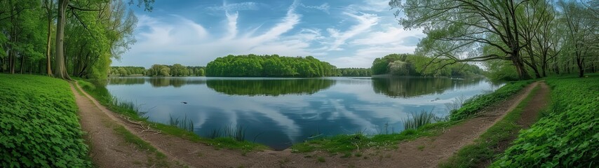 view of a lake with trees and grass around it