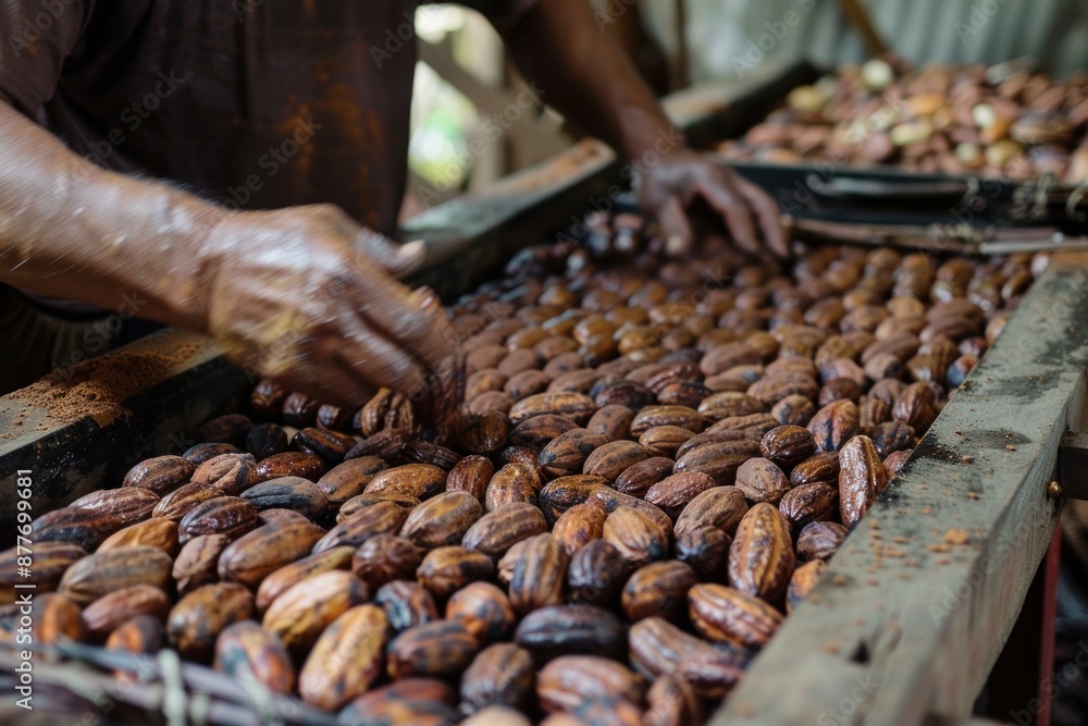 Poster factory worker sorting cocoa beans to make chocolate in a factory