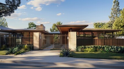 Fototapeta premium Mid-century modern suburban home with custom, period-appropriate ironwork on the gates and railings