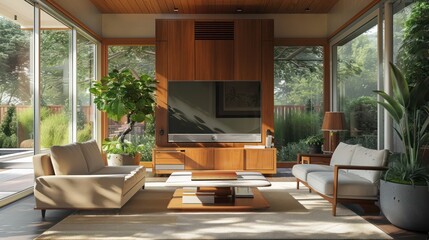 Fototapeta premium Mid-century modern suburban living room with a hidden television that retracts into the floor when not in use, maintaining the room's aesthetic