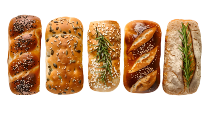 Assorted homemade bread loaves with different toppings on white background.
