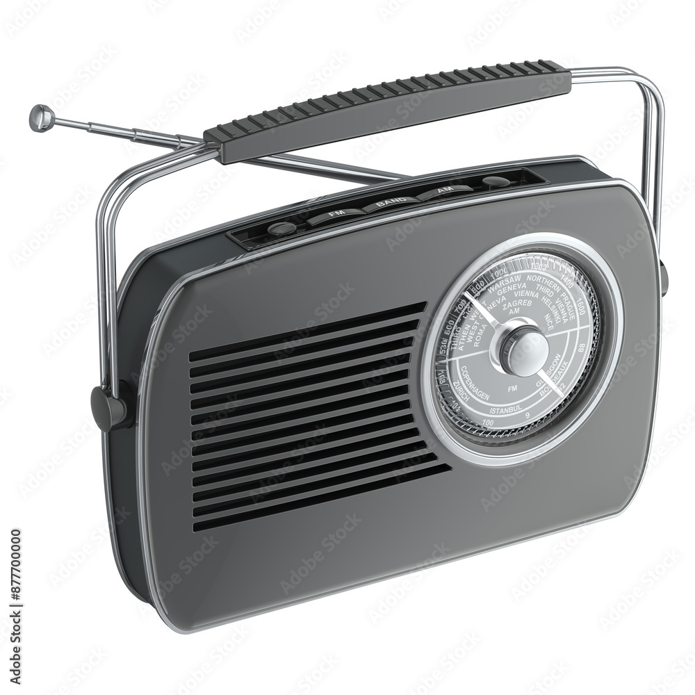 Poster black radio receiver, retro design. 3d rendering isolated on transparent background