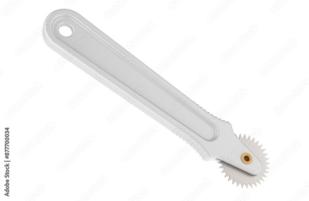 Poster sewing tracing wheel for sewing patterns, white color. 3d rendering isolated on transparent backgrou