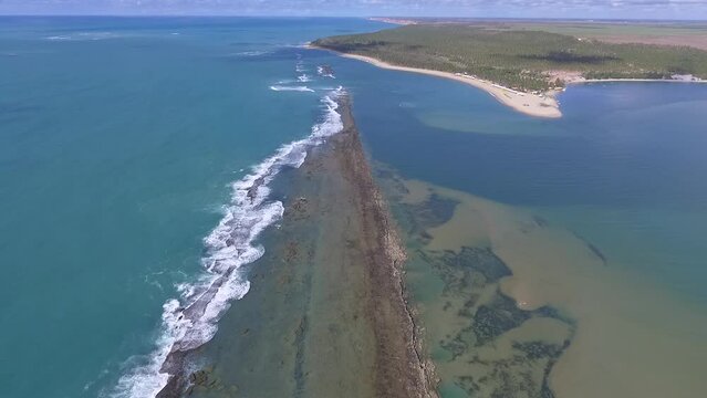 Aeral view of reef in the mouth of Roteiro Lake, Gunga Beach - Roteiro, Alagoas, Brazil