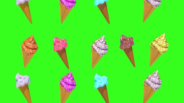 different ice cream on a green background loop seamless 3d render