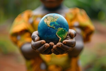 Experience a heartwarming scene as a group of African children, representing diverse backgrounds, joyfully hold a miniature planet Earth. Symbolizing unity and peace on the International Day of Peace