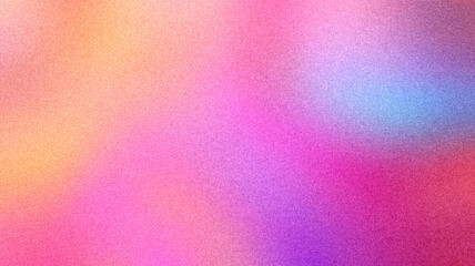 Ziarniste gradientowe tło w kolorach niebieski różowy żółty, szum tekstura na tapecie. Szablon baneru lub plakatu w stylu graficznym retro. Światła ledowe holo bokeh na projekcie okładki © Grainy background