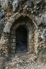 A stone tunnel with a door in the middle