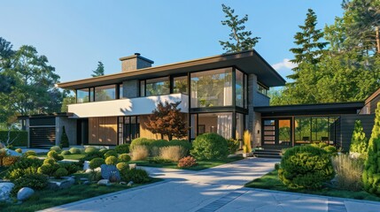Obraz premium Mid-century modern suburban home with a focus on symmetry, featuring balanced landscaping and uniform windows