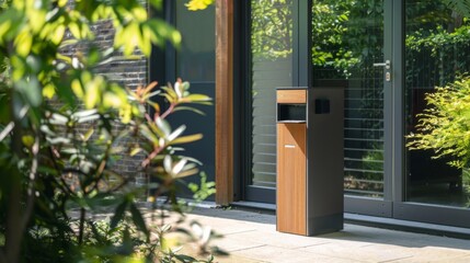 A tall, wooden and metal trash can stands near a doorway of a modern building.